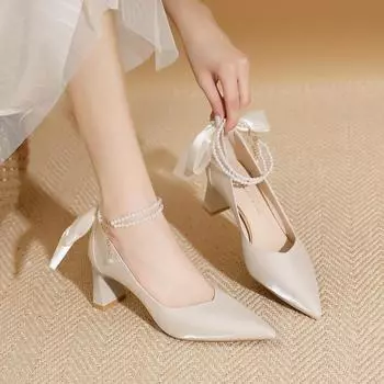 Красные свадебные туфли на высоком каблуке 6 см, туфли на высоком каблуке с острым бантом, женская обувь на толстом каблуке, новые свадебные туфли с водными бриллиантами 34