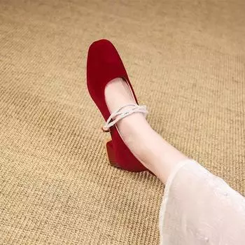Красные свадебные туфли Весенние туфли с квадратной головкой и неглубоким зевом Не спадают с каблука Туфли Мэри Джейн Банкетные туфли на толстом среднем каблуке 35 красный