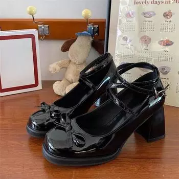 Красные туфли Мэри Джейн женские туфли на толстом высоком каблуке женские туфли в стиле Лолита с квадратным носком весенняя мода вечерние кожаные женские туфли новые 35 чёрный