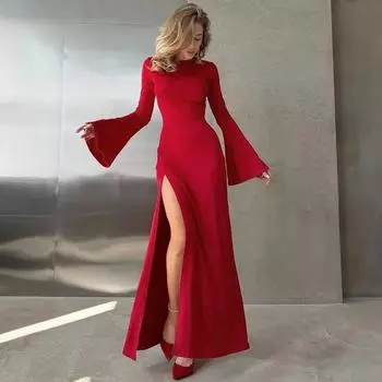 Красные вечерние платья для женщин с круглым вырезом, длинными расклешенными рукавами, высоким разрезом по бокам, выпускное платье, одежда для весны и лета, новая мода S чёрный