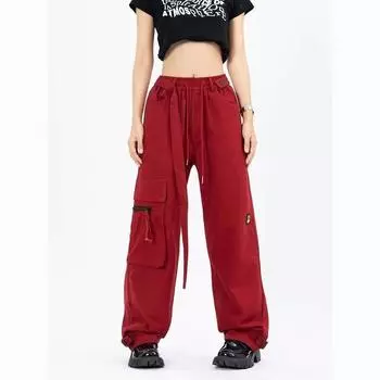 Красные винтажные брюки-карго Y2k, женские свободные прямые широкие повседневные брюки, осенняя уличная одежда M чёрный