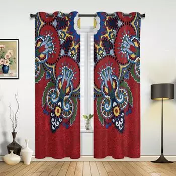 Красные восточные этнические цветы ретро шторы для спальни гостиной шторы для кухни детской комнаты оконные шторы домашний декор 135W x 60H(cm) x1