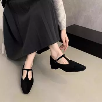 Красные замшевые туфли с квадратной головкой женские весенне-осенние новые вечерние легкие темпераментные туфли Мэри Джейн для поездок на работу на толстом каблуке 35 бордовый