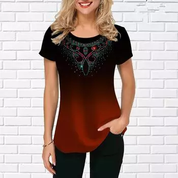 Красные женские футболки с градиентом тай-дай, винтажные женские топы с короткими рукавами и круглым вырезом, летние свободные повседневные базовые пуловеры с 3d принтом, футболка S