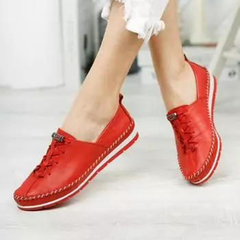 Красные женские кожаные туфли на плоской подошве из натуральной кожи