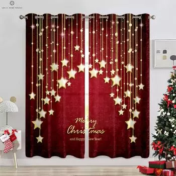 Красные звезды блестящие рождественские елки каминный принт шторы рождественские спальни столовой вечеринка декоративные шторы 2 шт. W50xH130(CM)x2PCS&Rod pocket