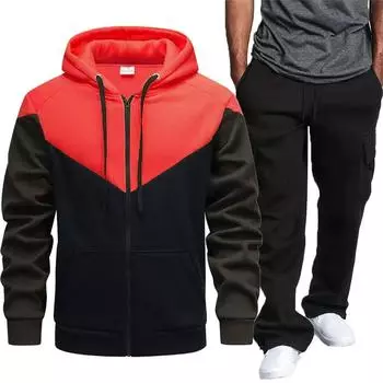 Красный 2024 Осень/Зима Новый мужской комплект с капюшоном на молнии для молодежи, модный спортивный комплект для отдыха M