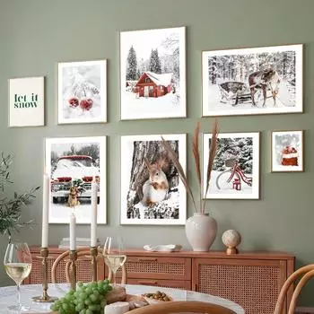 Красный автомобиль дом снег сосна северный олень зимний фестиваль плакаты печать холст живопись настенные художественные фотографии на Рождество домашний декор 21x30cm No Framed