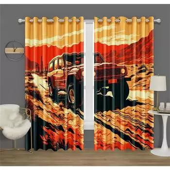 Красный автомобиль повышенной проходимости Шторы Shachu Mountain View Спальня Гостиная Кухня Балкон Окно Декоративные Шторы 2 шт. 50W130H(CM)X2PCS&Grommet Top