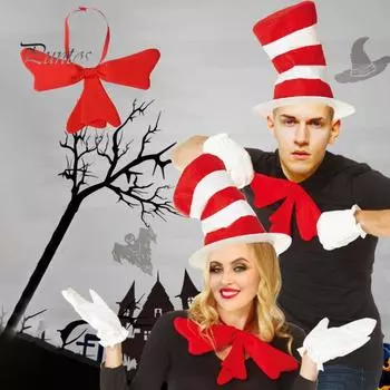 Красный белый полосатый цилиндр, высокая шляпа, галстук-бабочка, перчатки, костюм для вечеринки на Хэллоуин, косплей, аксессуар для детей и взрослых One Size 1pc