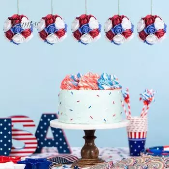 Красный, белый, синий Цветочная композиция День независимости Цветочный шар Венок Украшение со шнурком 4 июля Гирлянда Подвесной орнамент разноцветный