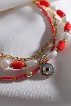 Красный браслет Fimo из трех частей с жемчугом и бусинами Сглаз