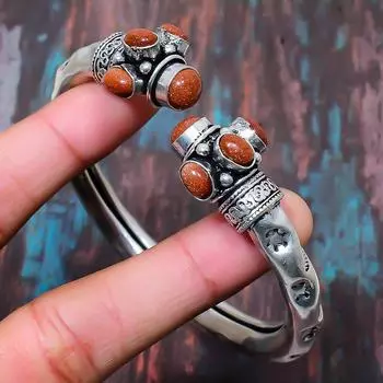 Красный браслет-манжета из стерлингового серебра 925 драгоценных камней Sunstone ручной работы регулируемый на День Благодарения Adjustable красный