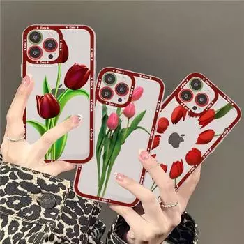 Красный чехол для телефона с изображением тюльпана и розы для iPhone 15 11 12 13 14 Mini Pro Max XR X XS TPU прозрачный чехол iphone 12 pro