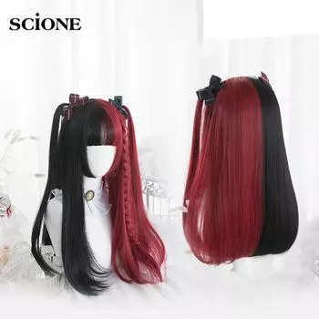 Красный, черный, блондин, белый, синтетические парики Лолиты для женщин, длинный прямой парик с челкой, Genshin Impact, парик для косплея