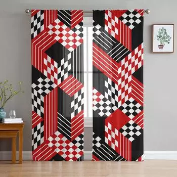 Красный Черный Геометрический Абстракция Средневековье Вуаль Прозрачные Шторы Гостиная Окно Тюль Шторы Кухня Спальня Шторы Домашний Декор 135W x 114H(cm)