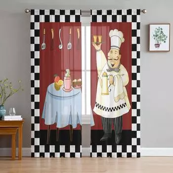 Красный, черный и белый, клетчатый кухонный нож для гурманов, тюль, занавески для гостиной, кухни, украшение окна, вуаль, прозрачная занавеска W135 x H115cm x1
