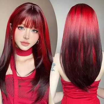 Красный черный прямой парик с челкой длинный омбре многослойный парик термостойкие синтетические искусственные волосы для женщин повседневный вечерний мягкий парик
