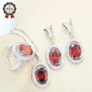 Красный циркон серебряный цвет комплект ювелирных изделий для женщин серьги ожерелье кулон кольцо подарок на день рождения 9 красный