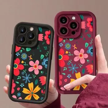 Красный цветочный узор матовый силиконовый чехол для телефона iPhone 16 Pro Max 15 Plus 14 Pro 13 12 11 XS защита объектива мягкий TPU противоударный бампер чехол iPhone 16 чёрный