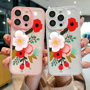 Красный цветочный узор с защитными пленками для объектива для iPhone 16 Pro 15 14 Plus 13 12 Pro Max 11 ударопрочный тонкий силиконовый мягкий прозрачный чехол iPhone 16 чёрный