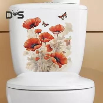 Красный цветок бабочки стикер на унитаз Съемный самоклеящийся водонепроницаемый ПВХ Гостиная Ванная комната Настенное искусство Цветочная крышка унитаза Украшение Наклейка Little Flower