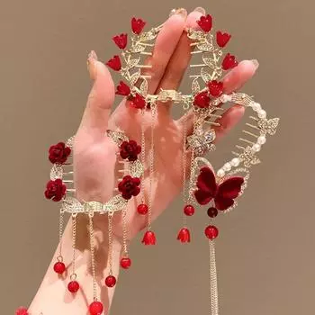 Красный цветок держатель для хвоста жемчуг ханьфу головной убор винтажный цветок конский хвост пряжка дети G