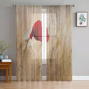 Красный цветок мака деревянная текстура тюль прозрачные шторы на окна для гостиной кухни детской спальни вуаль подвесные шторы W135 x H114cm