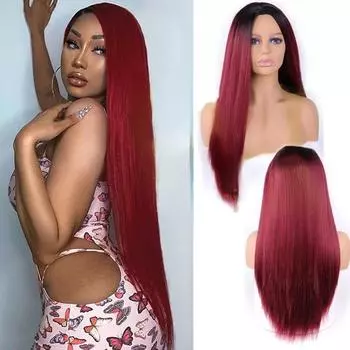 Красный длинный парик с омбре, длинная прямая прическа, мягкий синтетический парик, полный парик для женщин серый