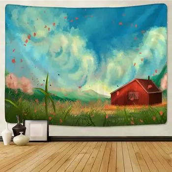 Красный дом картина маслом гобелен настенный голубое небо луга богемная психоделическая ферма общежитие студия Настенный декор 95x70CM