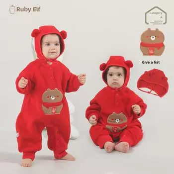 Красный флисовый детский комбинезон: Полная луна, 100 дней, один год - дизайн новогоднего благословения в виде медведя 66 cm красный