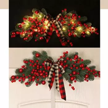 Красный фруктовый узел в клетку Рождественское украшение на дверь с лампочками Рождественское украшение для дома Подвеска One Size