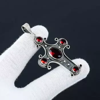 Красный гранат, драгоценный камень, серебро 925 пробы ручной работы, красное ожерелье, январское ожерелье с камнем, подвеска в виде креста, подарки для мамы, подарки на Рождество 2.55 красный