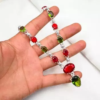 Красный гранат, ювелирные изделия из перидота, ожерелье из чистого серебра 925 пробы, ожерелье из драгоценных камней ручной работы на День памяти 18 Inches красный/зелёный
