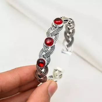 Красный гранатовый браслет, регулируемый браслет ручной работы, браслет-манжета из цельного серебра 925 пробы, подарок для него, браслет из настоящего драгоценного камня Adjustable красный