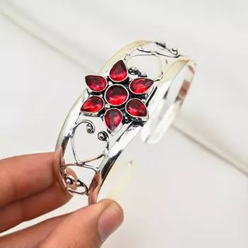 Красный гранатовый браслет, регулируемый браслет ручной работы, браслет-манжета из цельного серебра 925 пробы, подарок для него, браслет из настоящего драгоценного камня Adjustable красный