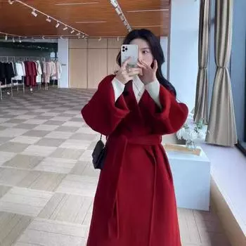 Красный китайский Новый год женская одежда шерстяное пальто осень и зима 2024 новое модное универсальное маленькое шерстяное пальто для женщин S красный