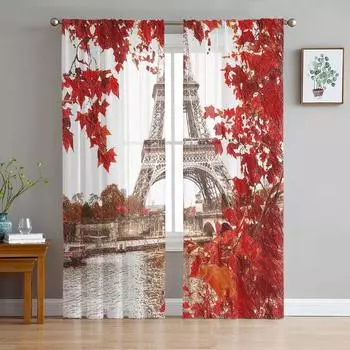 Красный кленовый лист башня картина маслом современные тюлевые шторы для гостиной спальни дома кухня окна прозрачные шторы 135W x 114H(cm)