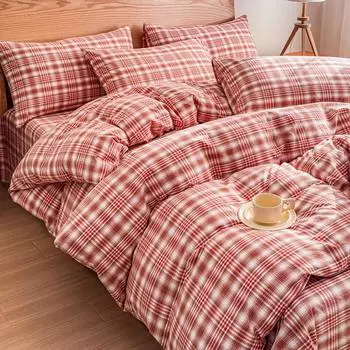 Красный клетчатый хлопковый односпальный чехол для кровати 2025 Новый простой пододеяльник из окрашенной пряжи, приятный для кожи 160x210 220x240 Вентилируемое постельное белье 48x74 pillowcase 2