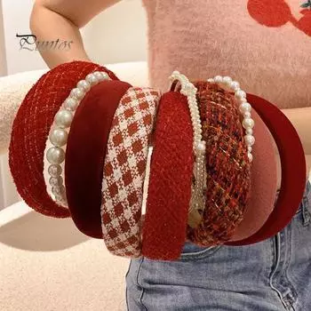 Красный клетчатый мягкий ободок для волос с искусственным жемчугом, широкий противоскользящий обруч для волос, женские рождественские праздничные аксессуары для волос D