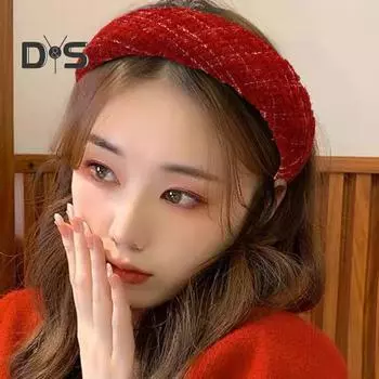 Красный клетчатый мягкий ободок для волос с искусственным жемчугом, широкий противоскользящий обруч для волос, женские рождественские праздничные аксессуары для волос D