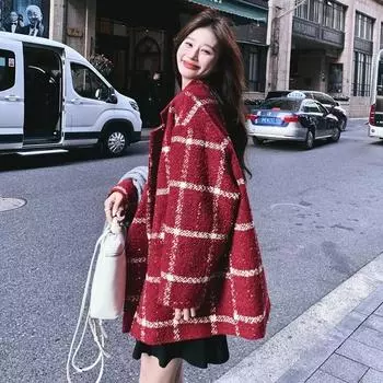 Красный клетчатый темпераментный костюм шерстяная куртка женская зимняя короткая свободная утолщенная шерстяная куртка S