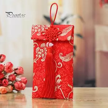Красный конверт из искусственного шелка для китайской свадьбы, красный карманный конверт для счастливых денег Hongbao Card с китайским узлом для Нового года, весеннего фестиваля, свадьбы G