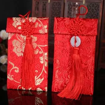 Красный конверт из искусственного шелка для китайской свадьбы, красный карманный конверт для счастливых денег Hongbao Card с китайским узлом для Нового года, весеннего фестиваля, свадьбы D