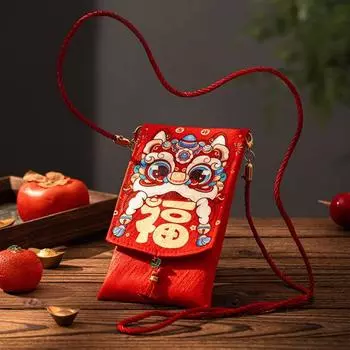 Красный конверт из ткани с надписью «Счастливые деньги» на китайский Новый год, карманный портативный красный конверт со шнурком