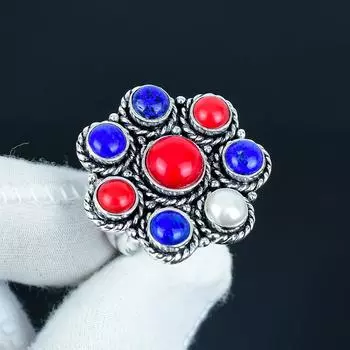 Красный Коралл, Лазурит, Перламутр Ручной Работы Кольцо из Стерлингового Серебра 925 пробы - Кольцо в Богемном Стиле - Украшения Бохо Ручной Работы для Женщин и Мужчин, Подарки US 4 красный