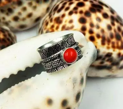 Красный коралловый драгоценный камень 925 пробы с серебряным покрытием антикварное кольцо Spinner Размер Us 6.5OR-208