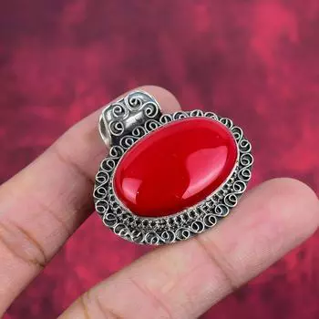 Красный коралловый драгоценный камень, ручная работа, 925 пробы, серебряное украшение, кулон для свадебного подарка, ручная работа, драгоценный камень, ювелирное украшение на День благодарения 1.50 Inches красный