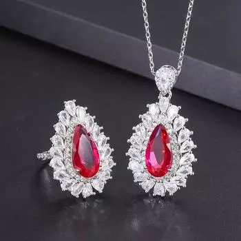 Красный корундовый кулон, комплект украшений с кольцом-подвеской, рубиновое банкетное кольцо для женщин
