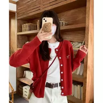 Красный круглый вырез с длинным рукавом вязаный свитер кардиган женский осень 2024 вышитый Ankora красный приталенный топ One Size